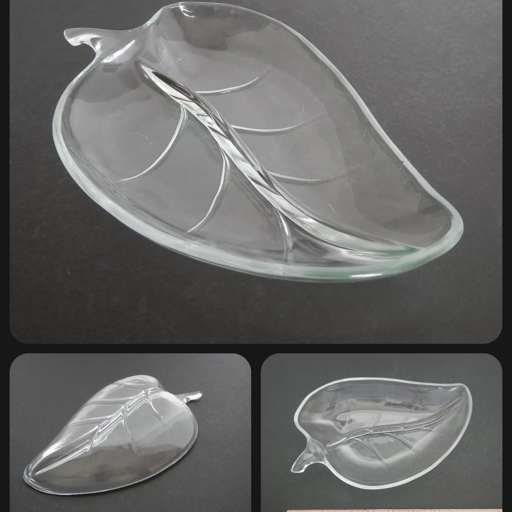 Clear Glass Leaf Divided Relish Dish Vintage Decor
